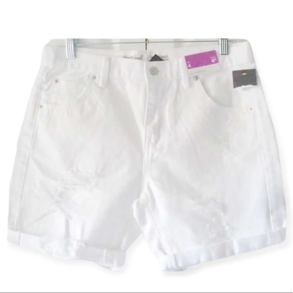NWT Womens Bermuda Shorts Low Rise Boyfriend White Distress Denim Jean Size 00-2